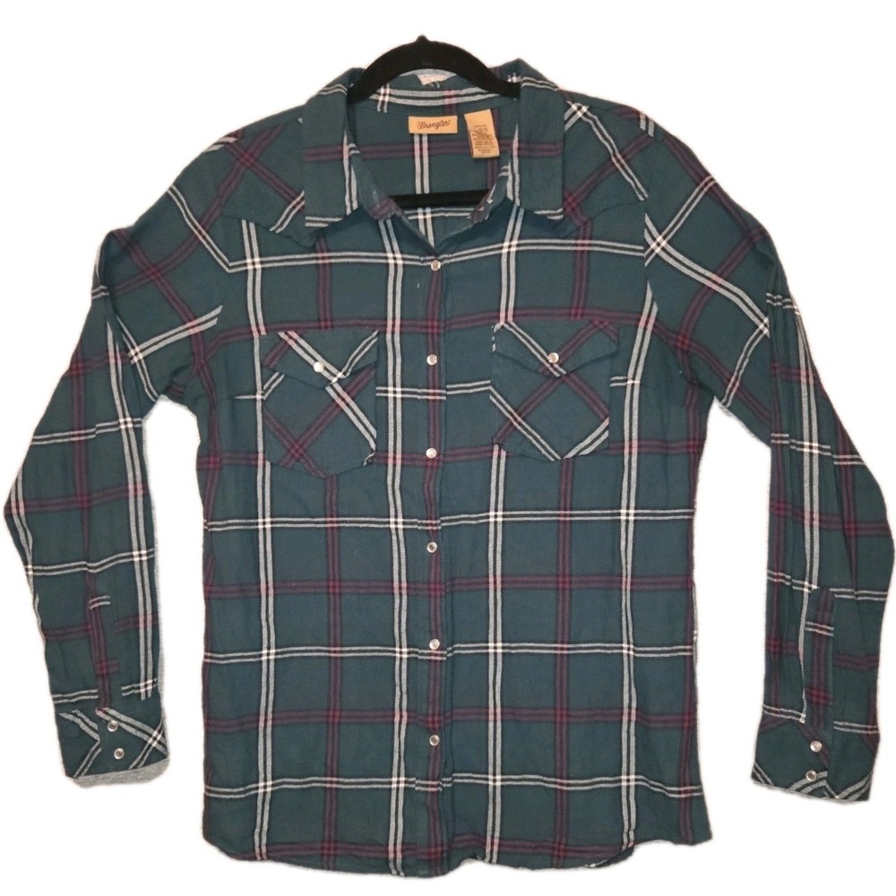 Wrangler Western Plaid Flannel Shirt Women's Large Long Sleeve Pearl Snap Top